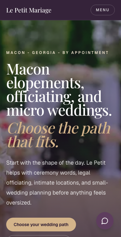 Real mobile screenshot of the Le Petit Mariage storefront hero section