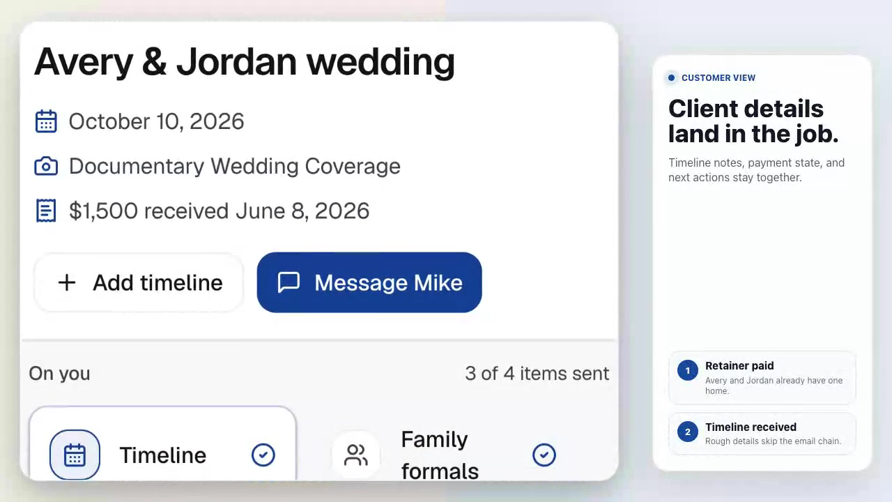 Two-sided Project Hub capture showing Avery and Jordan's customer workspace beside the operator review queue.